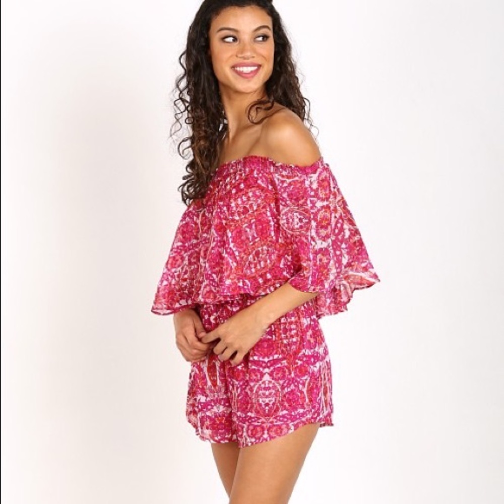 Show Me Your Mumu Rosarita Romper Pink Floral Off the Shoulder Sz XS Romantic
